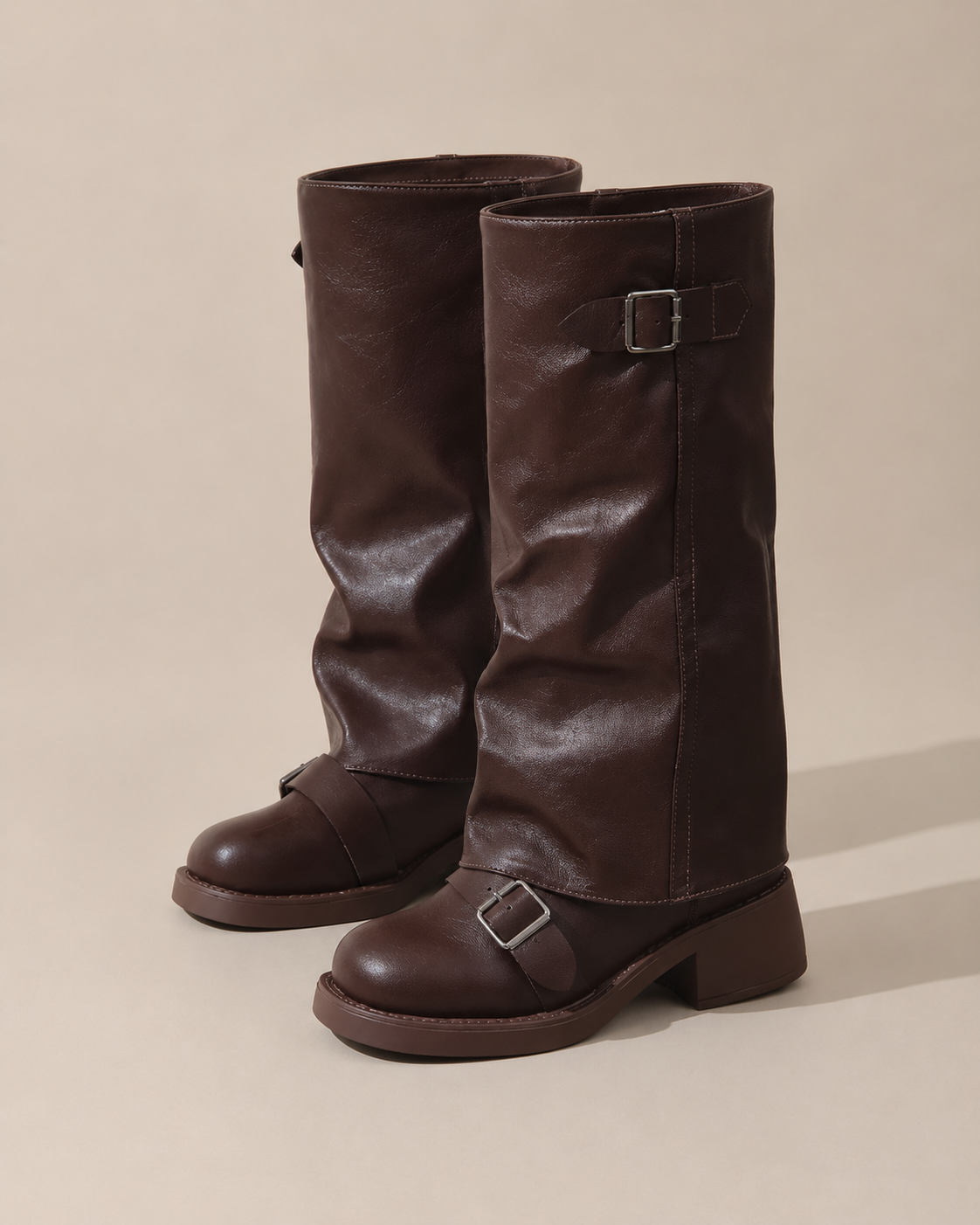 Botas Altas Hebilla Vintage Tacón Grueso
