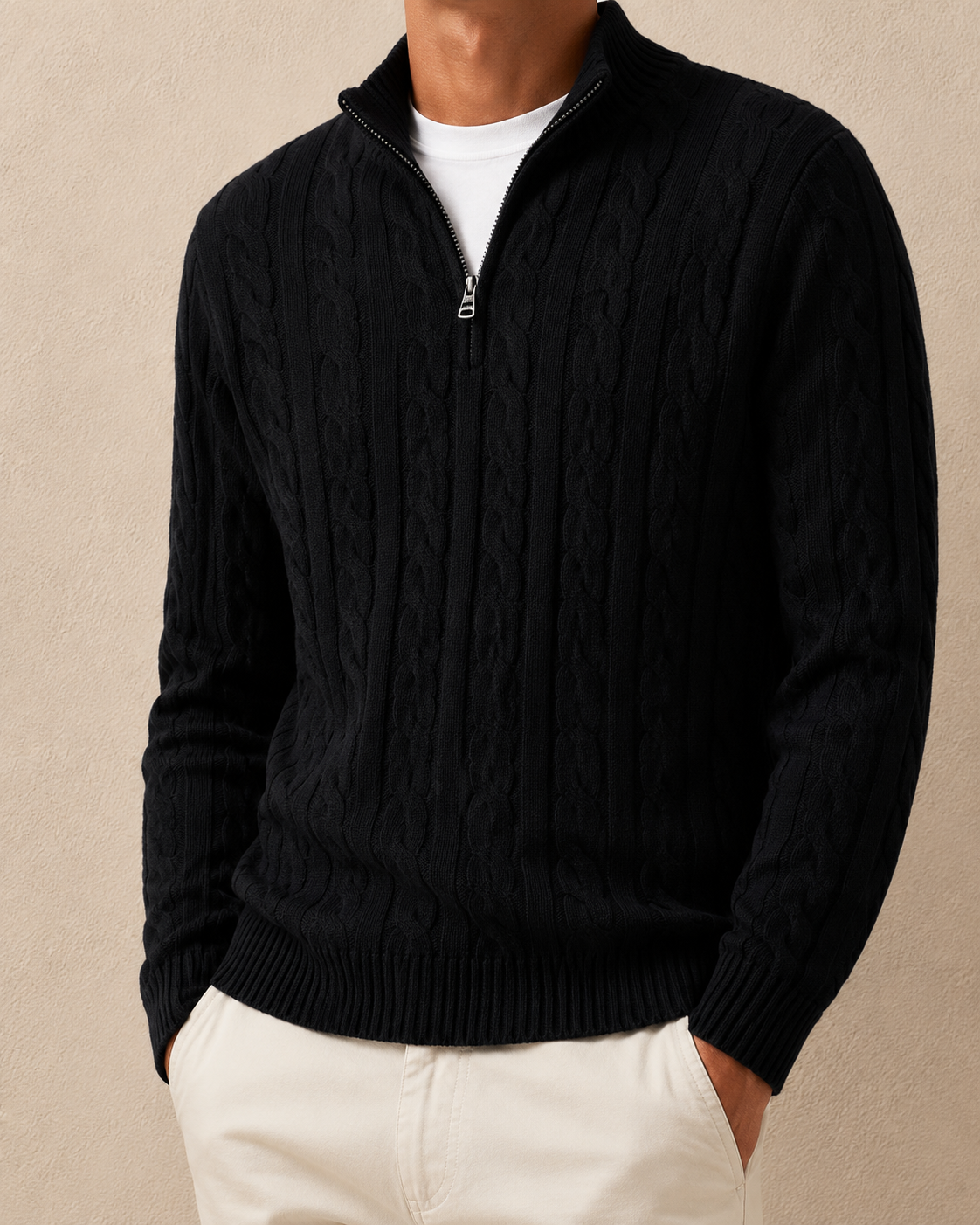 Jersey Trenzado Media Cremallera - Negro - vista completa